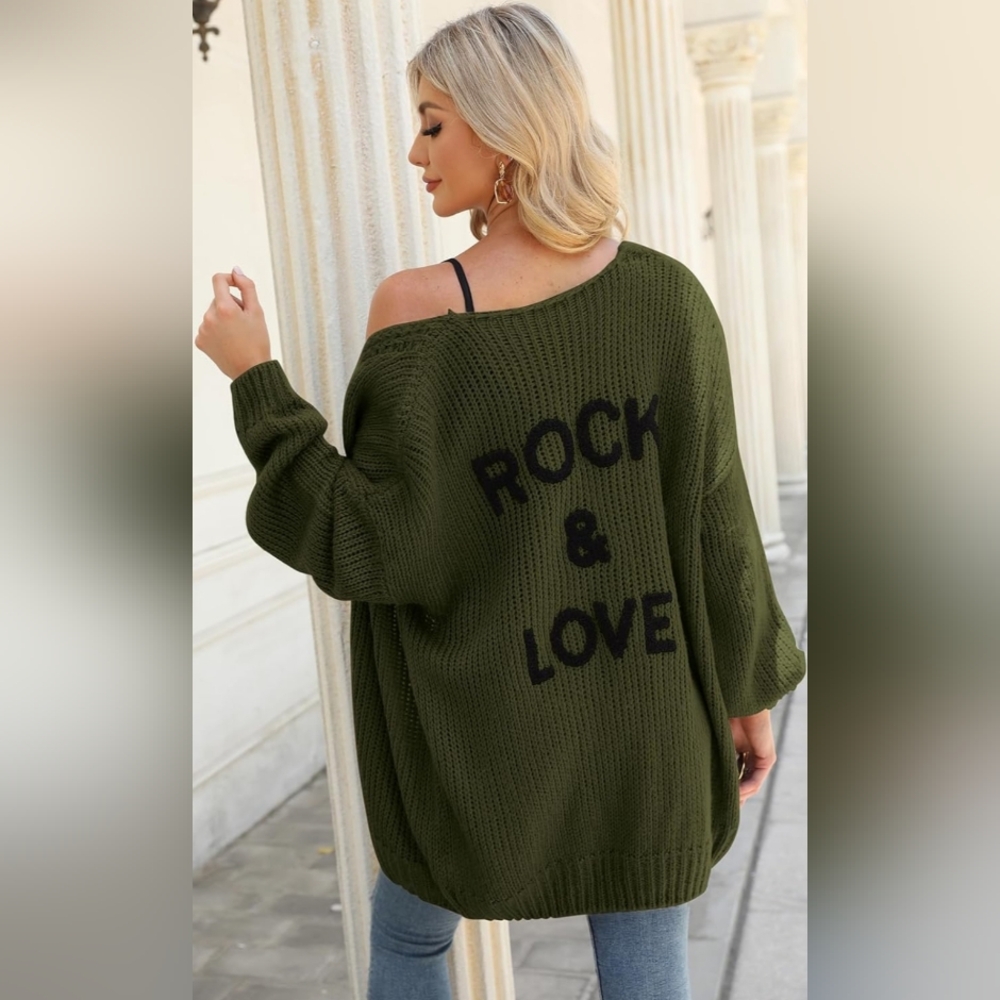 Chic Olive Cardigan with Black Text NWOT